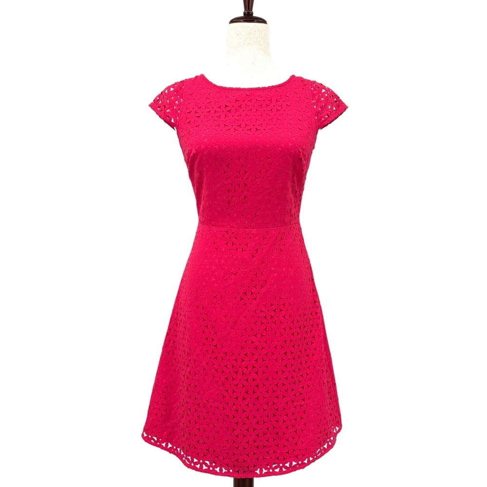 J.CREW Fit & Flare Dress Hot Pink Laser Cut Floral Cap Sleeve Women's Size 00